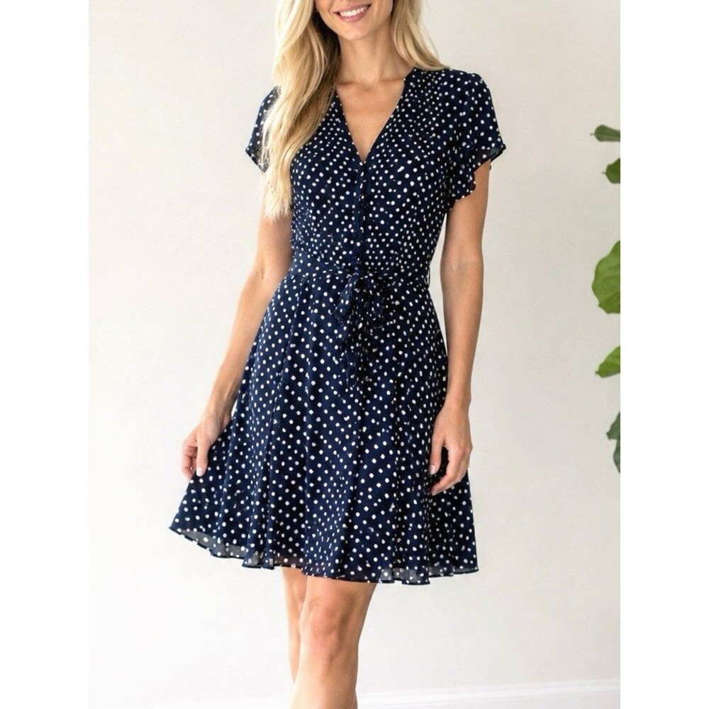 Prelude Black And White Polka Dot Pintuck Lined Dress with Belt - Size 8